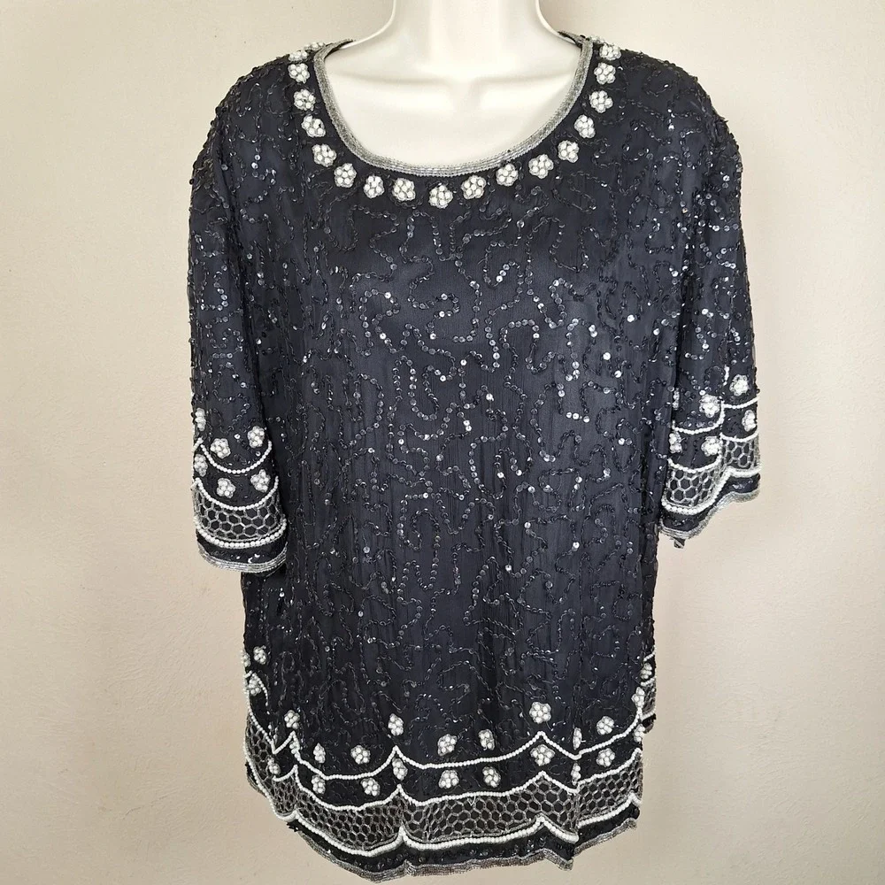 Laurence Kazar Vintage Sequin Oversized Top 80s Glam Embellished Keyhole